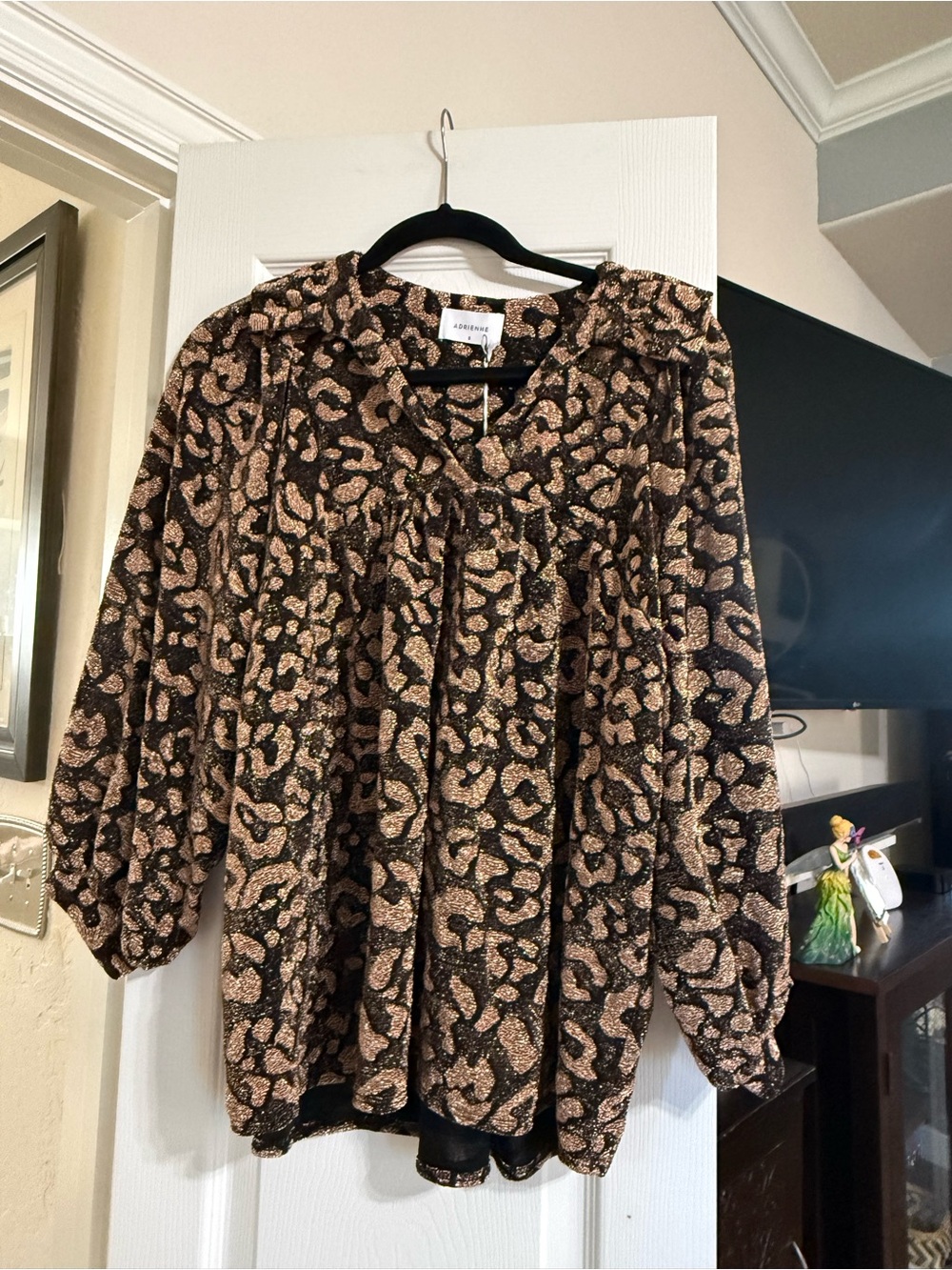 Adrienne Black & Gold Metallic Leopard-Print Peasant Blouse